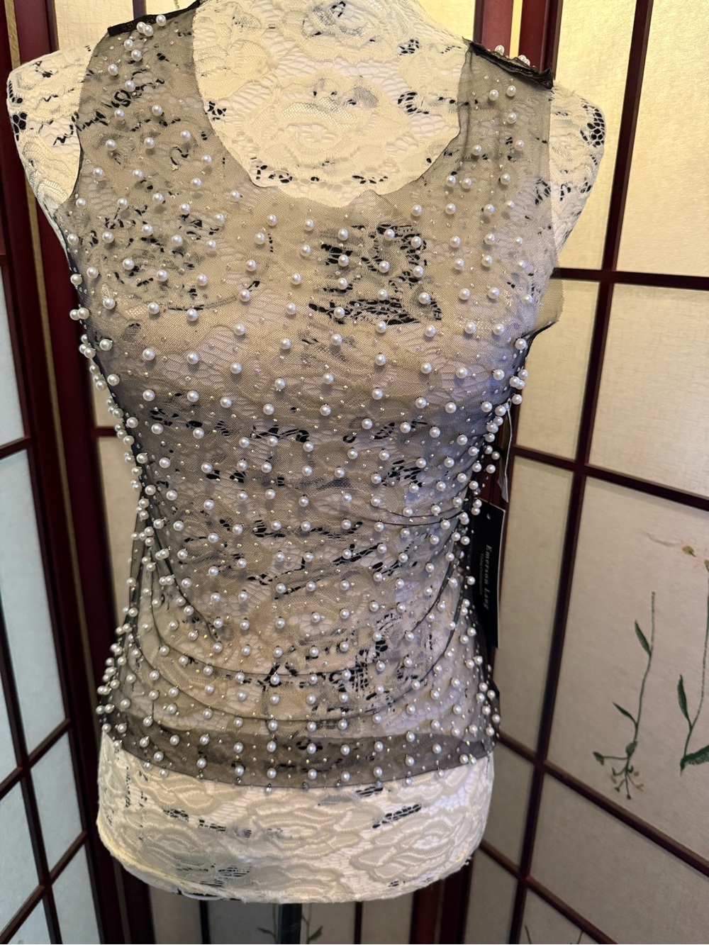 Emerson Lang Black Pearl & Sequin Mesh Top